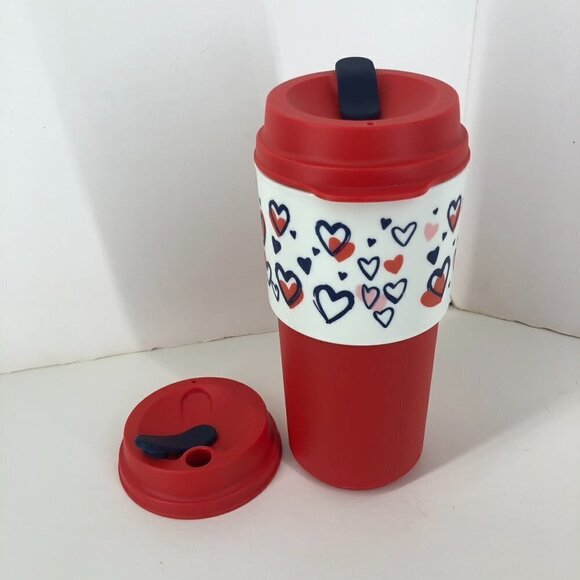 Tupperware Heart to Heart Red White Eco Cup To Go with Extra Lid Sz 490mL/16 oz - Picture 2 of 13